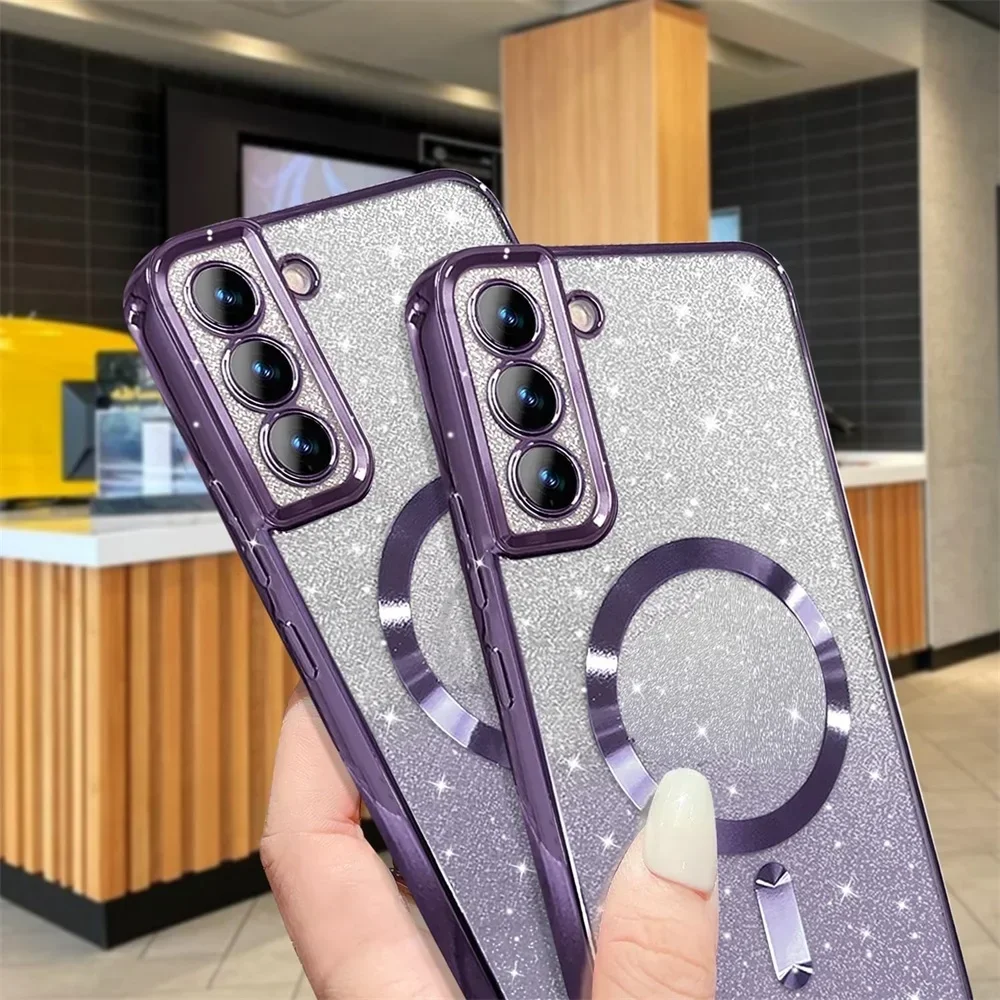 Glitter Magnetic Case For Samsung Galaxy S26 S24 Ultra S23 S22 S21 S25 Plus S20 FE A56 A55 A36 A17 Plating Wireless Bright Cover