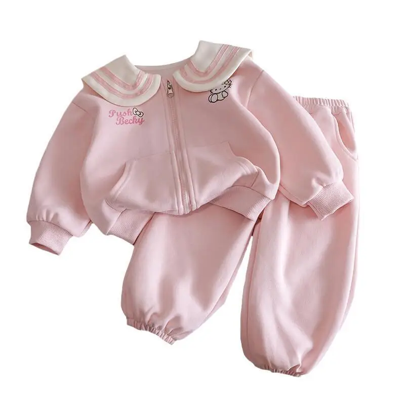 산리오 헬로키티 여아 투피스 세트 면 혼방  여아 봄 가을 캐주얼 스포츠웨어 새로운 스타일리시 귀여운 코트 세트