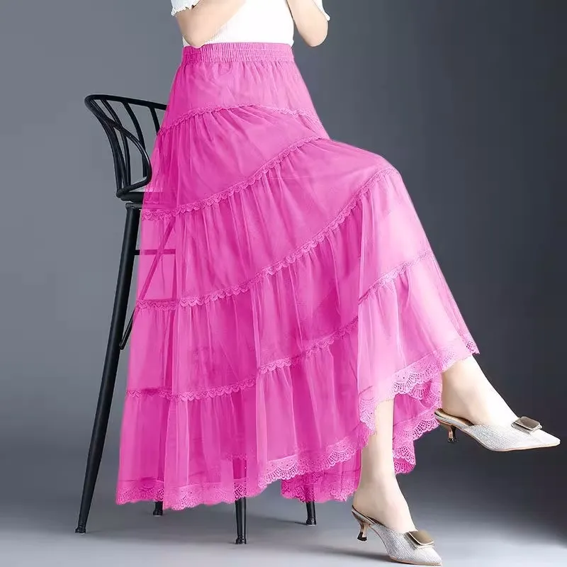 

Elegant Lace Long Mesh Skirt Women 2023 Elastic High Waist Max Pleated Tutu Tulle Skirt Gauze Black Skirt Female Jupe Longue