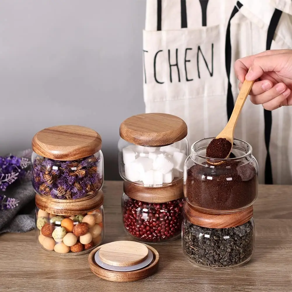 6pieces  Glass Jars Set,  Spice Jars with Bamboo Lids, Clear Glass Food Storage Containers, Kitchen Canisters Set 4
