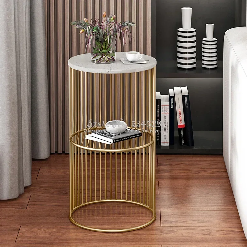 Nordic Wrought Iron Side Table Small Coffee Shelf Living Room Marble Desk Mini Round Modern Accent Table Compact Beverage Stand