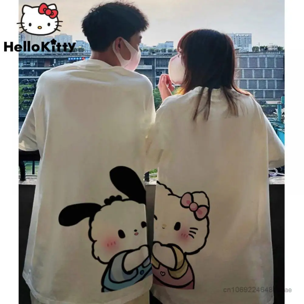 

Sanrioed Hello Kitty 2Pcs Couple Anime T-Shirt Summer Kawaii Cartoon Men and Women Tops Loose Harajuku Short Sleeve Pure Cotton