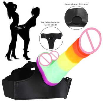 New Rainbow Color Dildo Realistic Dildo Penis Leopard Print Harness Belt Strap on Dildos Female Masturbator Sex Toys for Women 4