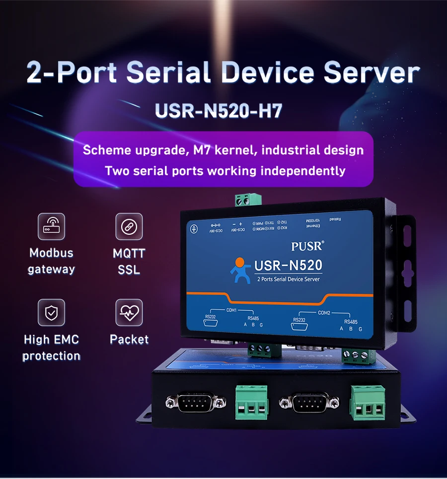 2 serial ports rs232 to ethernet converters/rs485 to ethernet converter/ RS-232/485 serial device server USR-N520-H7