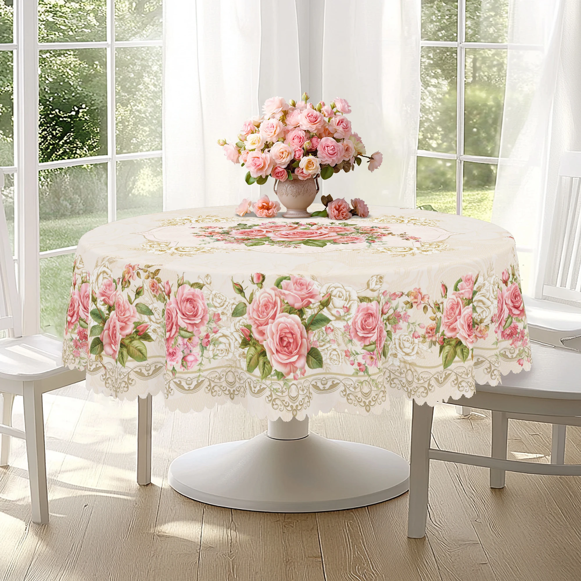 Floral Round Tablecloth 5 Sizes Available Three-Dimensional Painting Style Floral Pattern Printed Edge Embossing Process Spring Garden Tablecloth Decoration for Daily Home Kitchen Terrace Spring Decoration Home Decoration 1 Piece Table Cloth