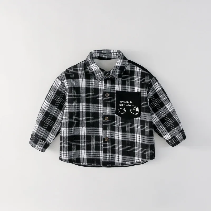 Thickened Long Sleeve Fleece Lined Baby Shirt Autumn Winter Kids Clothing Korean Style Toddler Boys Open Cardigan Top