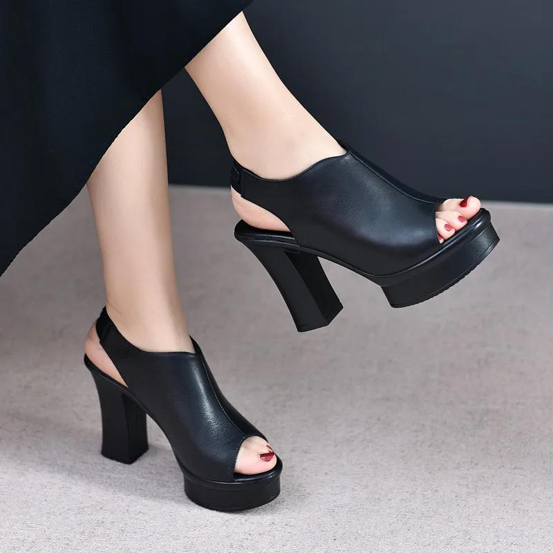 

Сандалии Birkuir женские на очень толстом каблуке, натуральная кожа, туфли-лодочки, открытый носок, толстый каблук 12 см, без застежки, роскошные римские босоножки