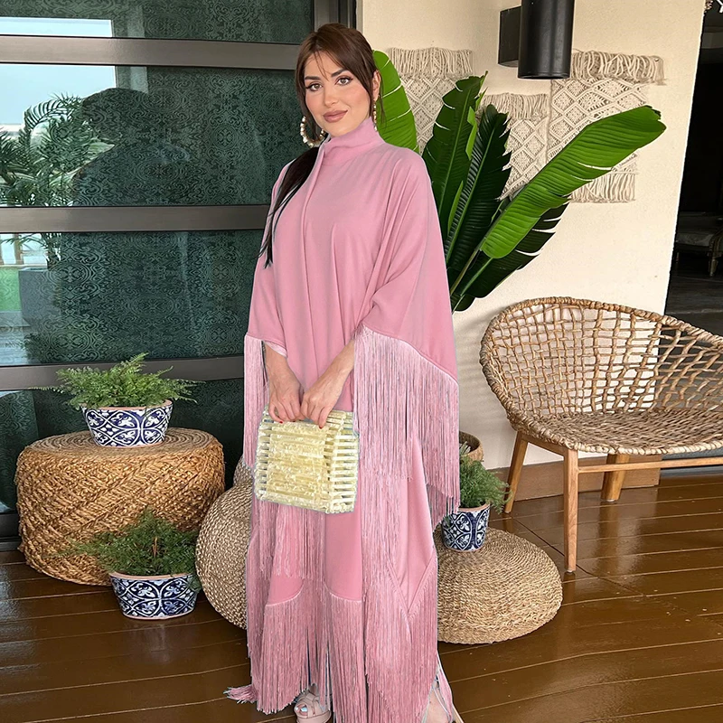Abaya Bat Sleeve Dress for Muslim Women, Fashion, Long Party Dress, Fassels, 2024 New Robe