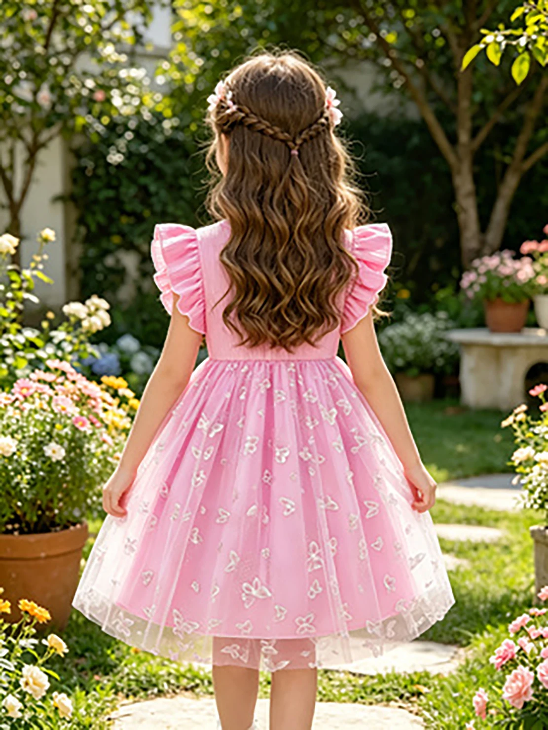 Pink Butterfly Embroidery Summer Princess Dress with Flutter Sleeves