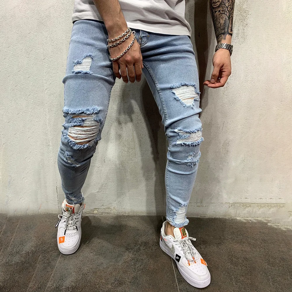

Fashion Light Blue Distressed Jeans Boys Personality Ripped Skinny Denim Pants Men's Washed Cotton Pants Stretch Cowboy Trousers