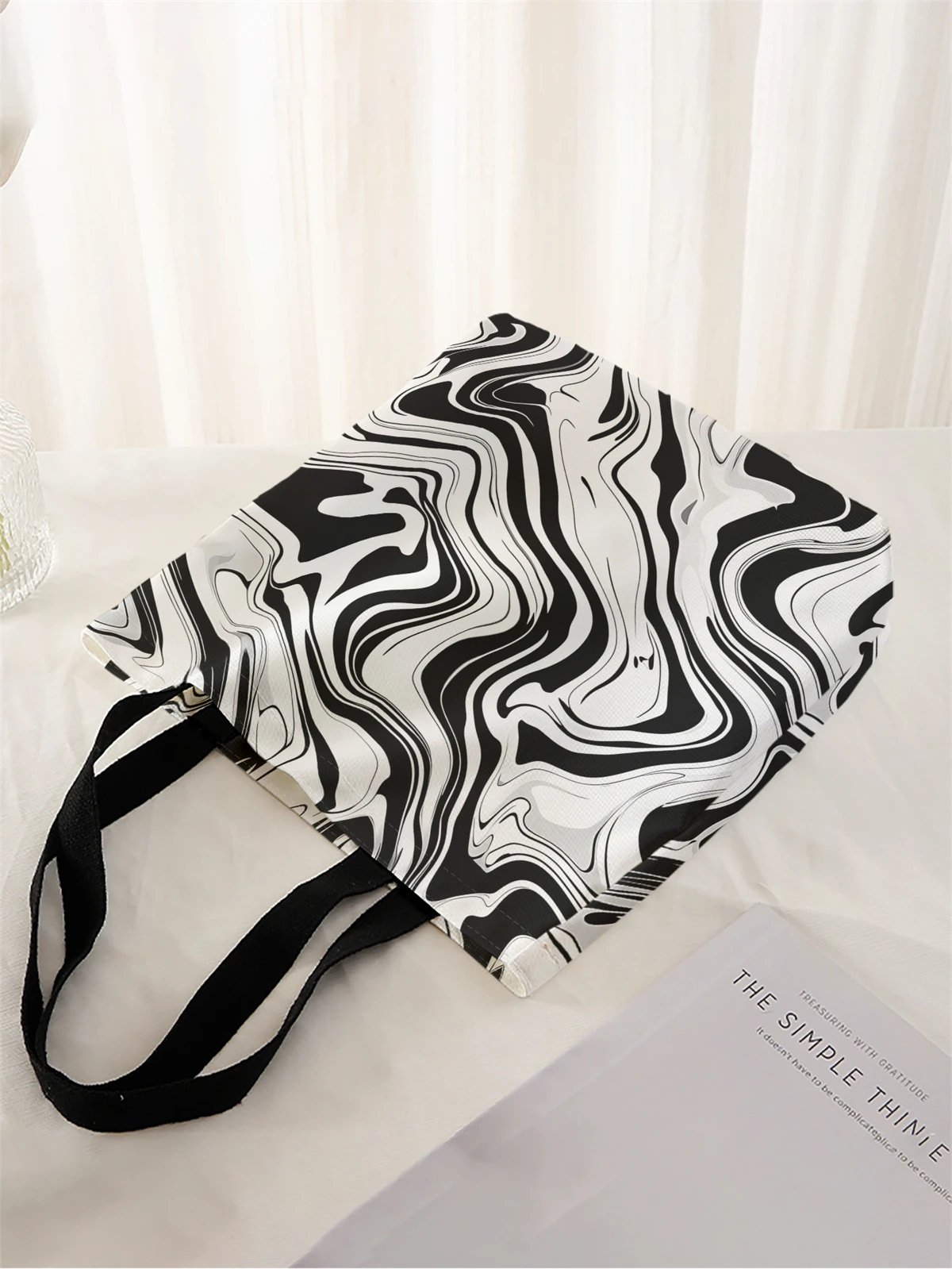 1pc,black and white handbag, reusable fashionable handbag, multifunctional handbag, printed canvas shopping bag