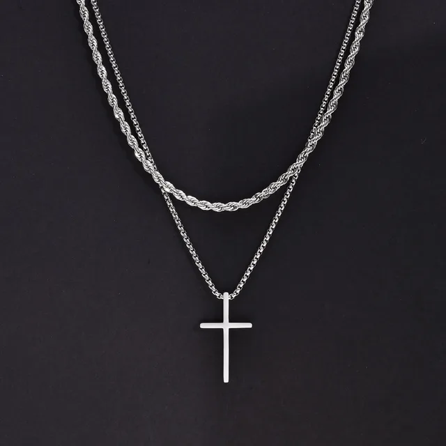 Colliers pour hommes Vnox, pendentif en croix simple en acier inoxydable, collier à chaîne en corde, collier de prière simple Jésus_voghion.com