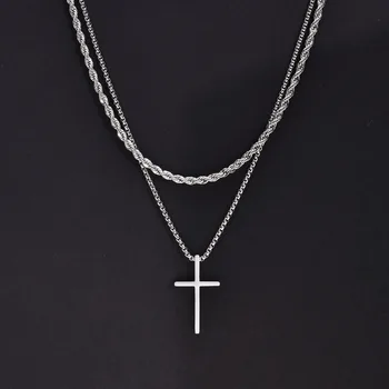 Collane con croce da uomo Vnox, pendente a croce semplice a strati in acciaio inossidabile, collana a catena con scatola di corda, collare semplice di preghiera di Gesù 1