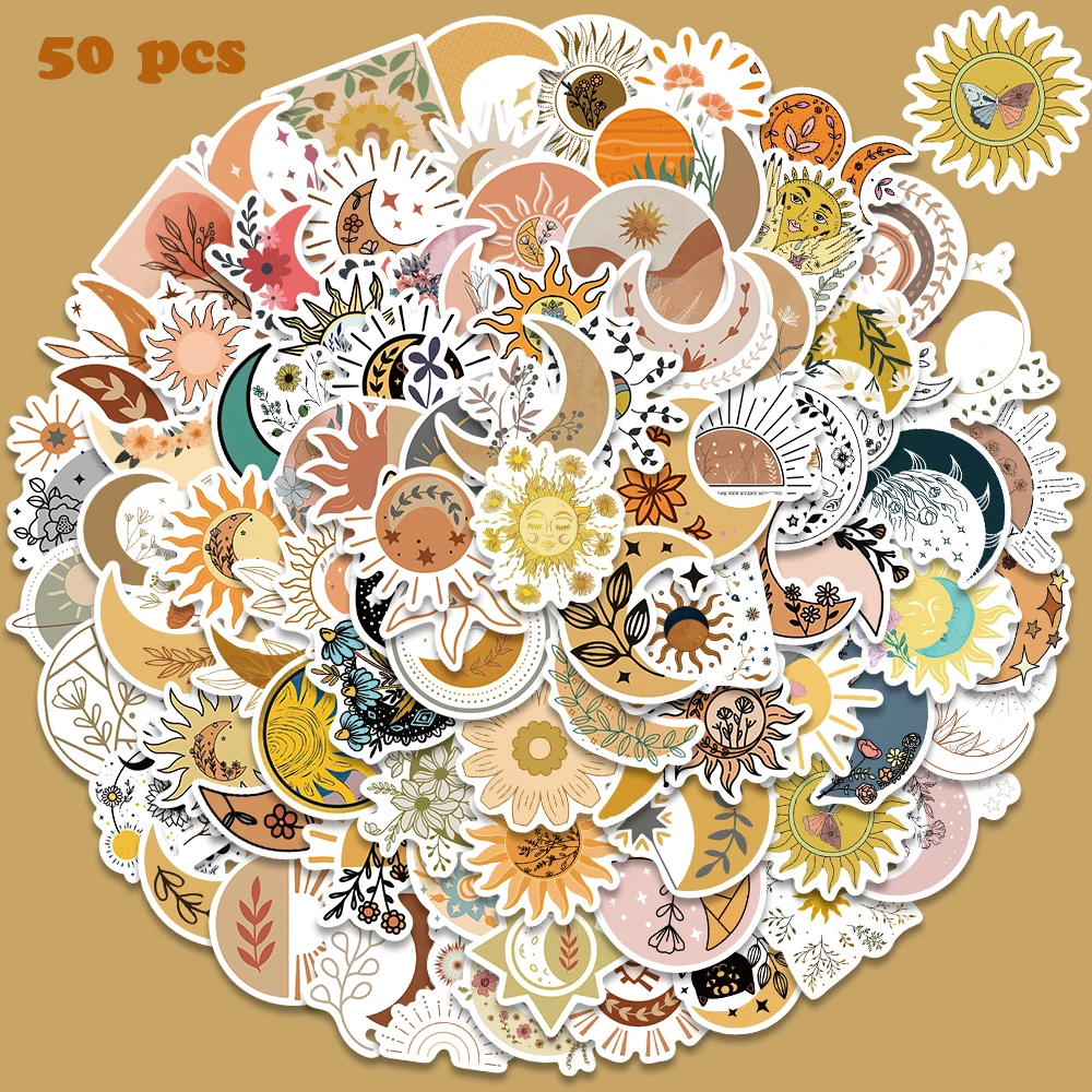 50/100pcs Bohemian Graffiti Stickers Sun Moon And Flowersl Decals for Laptop Guitar Suitcase Scrapbook Phone Sticker Kids Toy