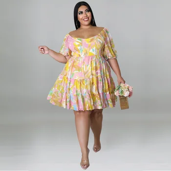 European and American large-size women's clothing summer new products sexy one-word shoulder print dress