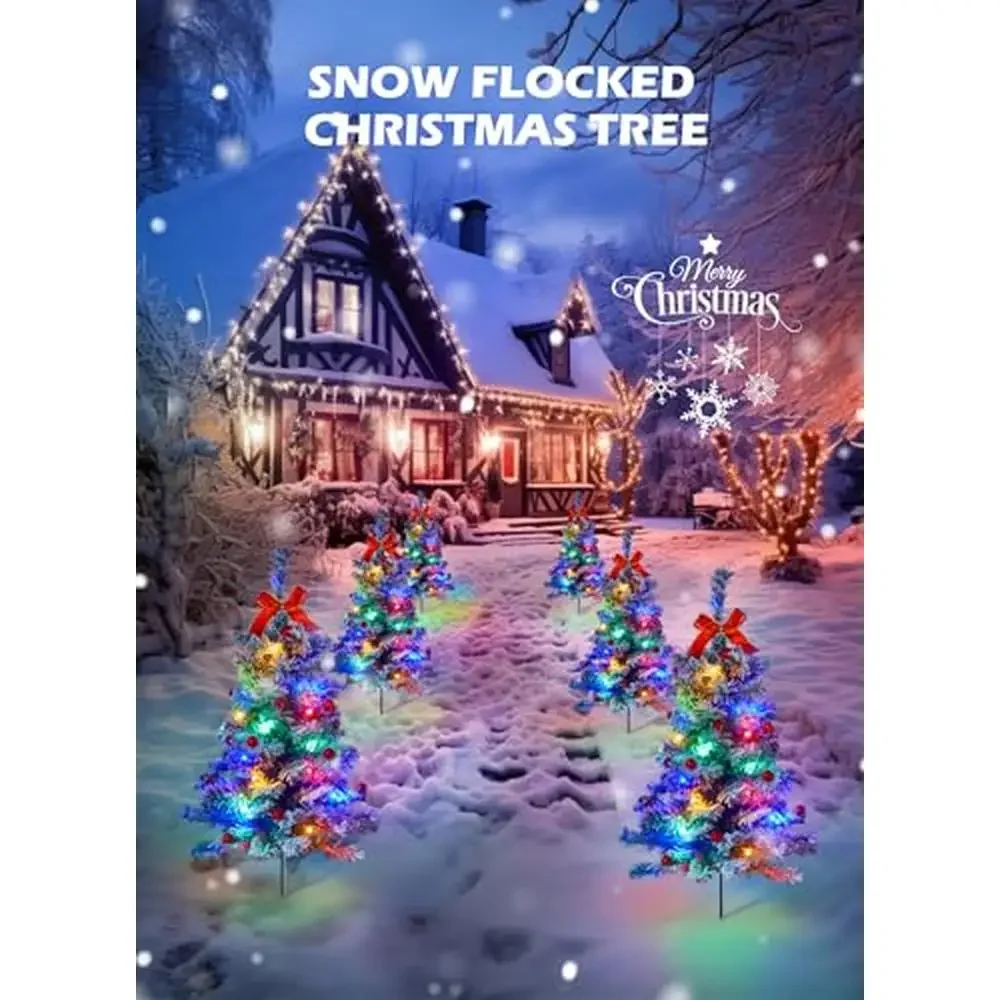 Snow Flocked Christmas Tree Pathway Lights 4 Pack 2.5 Ft Outdoor Xmas Decorations Yard Driveway LED Waterproof Festive Display