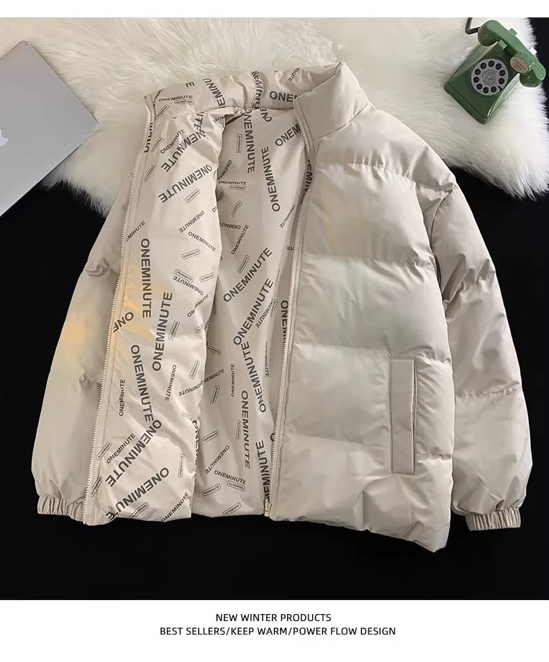 

Men's Winter Printed Down Cotton Jacket Worn on Both Sides Trendy and Versatile Stand Up Collar Solid Color Warm Bread Jacket