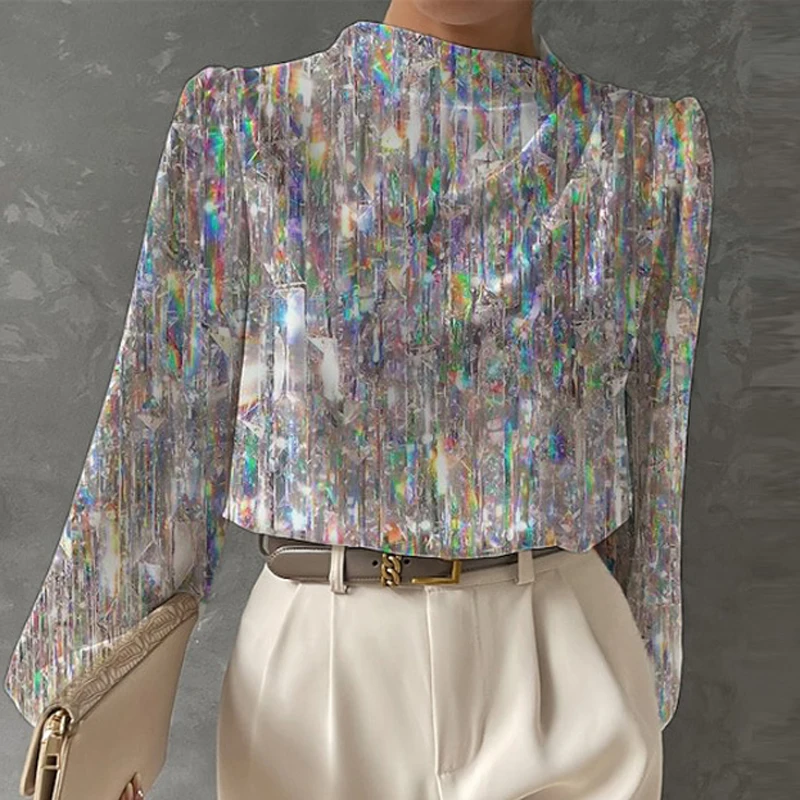 2024-Spring-Half-High-Collar-Sequin-Blouses-Women-Elegant-Slim-Office ...