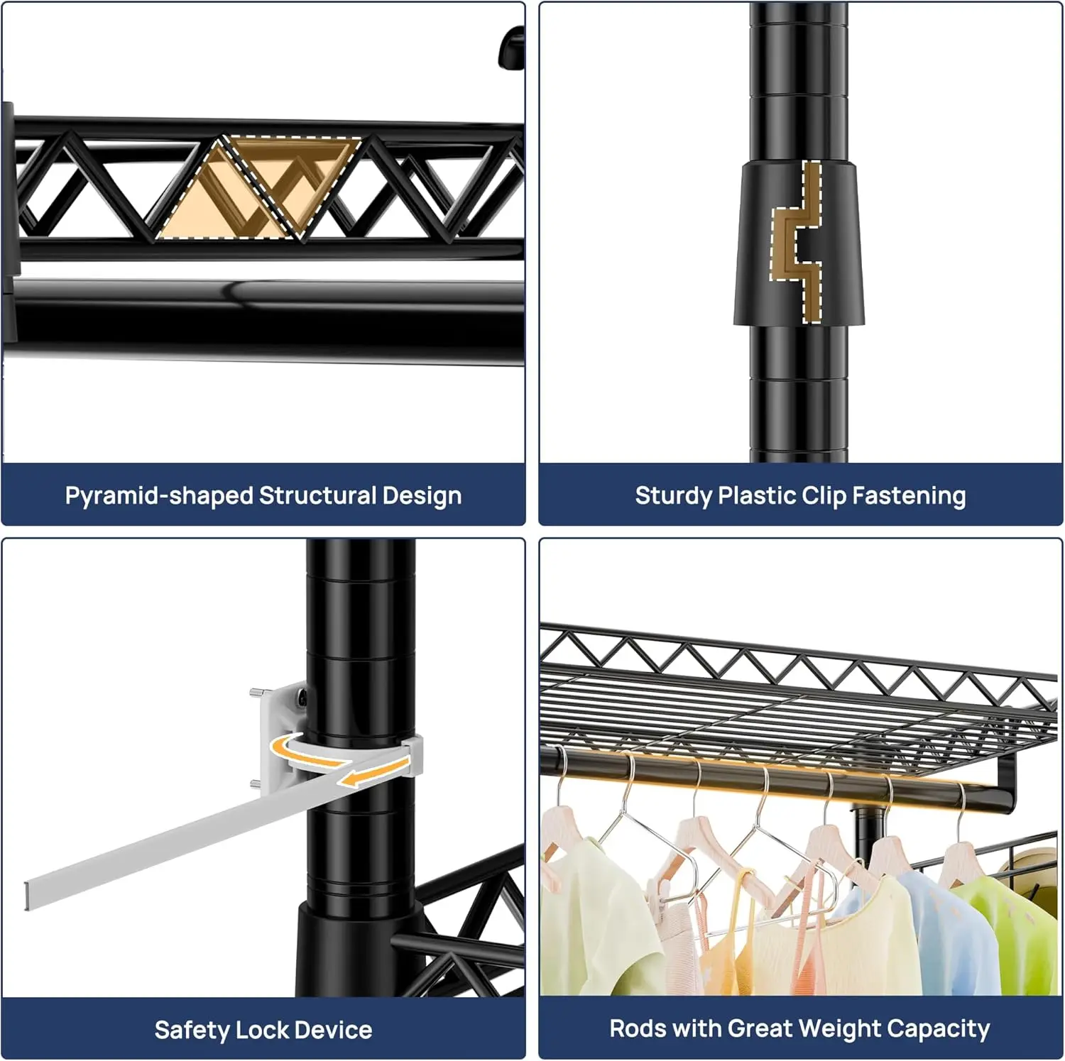 Heavy Duty Metal Clothes Rack with Lockable Wheels, 3-Tier Adjustable Garment Clothing Rack for Hanging Clothes, Wardrobe