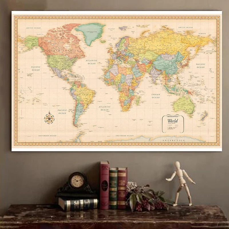 World Map Classic Edition Vinyl Spray Wall Decor Hanging Picture Poster Prints Backdrop for School Home Office Supplies 120x80cm