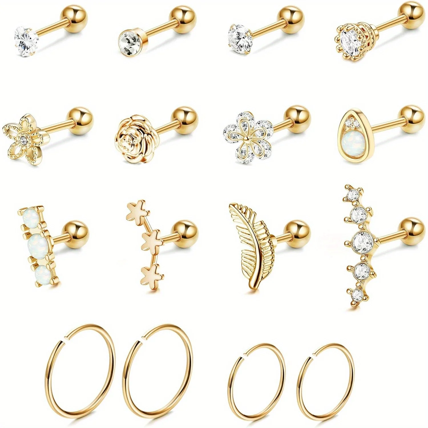 

Drperfect Surgical Stainless Steel 16G Cartilage Earrings Studs Helix Couch Hoop Piercing Earrings Set Opal Shiny Earrings