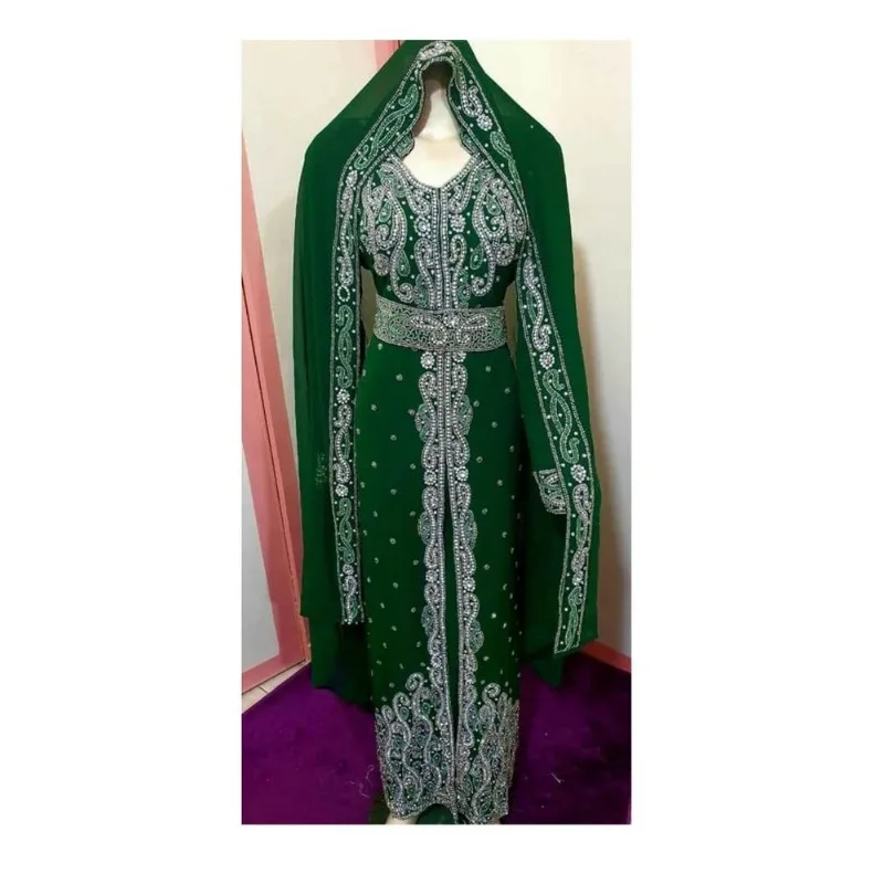Green African Attire Bridesmaid Abaya Long Maxi Formal Beaded Dubai Moroccan Kaftan