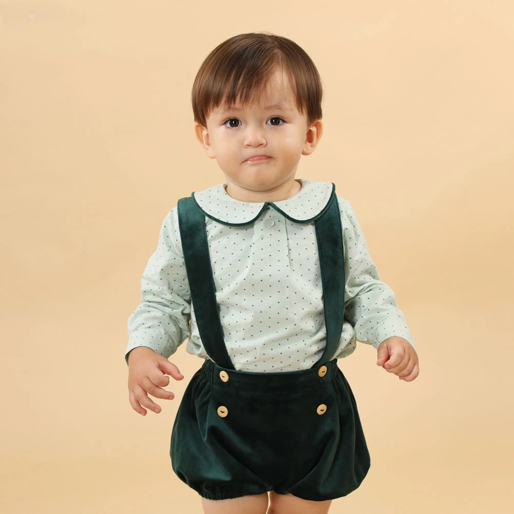 

2023 Children Outwear Baby Boys Spanish Clothes Set Christmas Outfits Green Velour Shorts Long Sleeve Cotton Shirts Boy Clothing