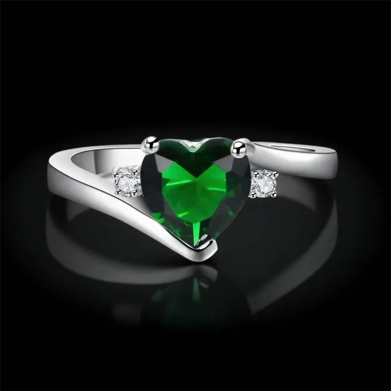Green Crystal Love Heart Stone Mom Rings For Women Vintage Silver Color Wedding Bands May Birthstone Jewelry Mother's Day Gifts
