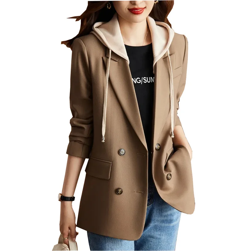 Women Chic Office Lady Single breasted Hooded Blazer Vintage Coat Fashion Notched Collar Long Sleeve Ladies Outerwear Stylish To