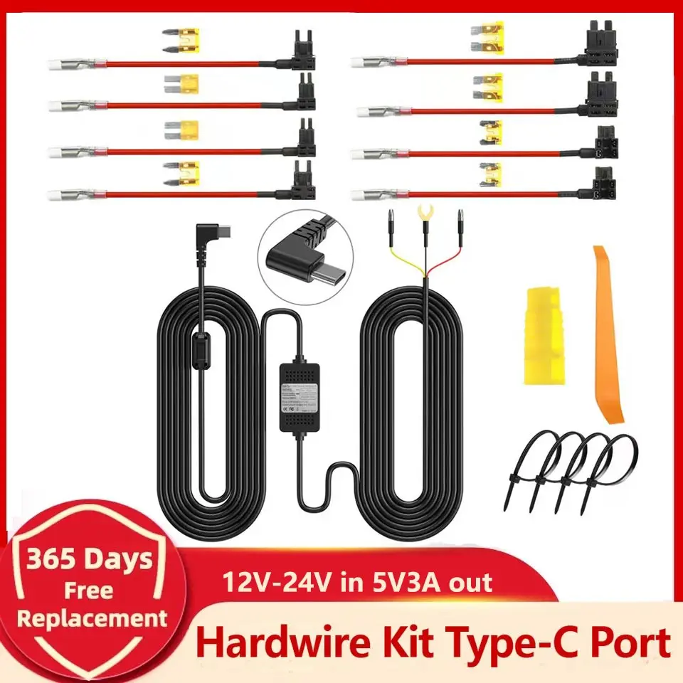 

Car DVR Hardwire Kit With Type-C Port For AZDOME GS63Pro M27 M560 M580 Low Vol Protection ACC Power Cable 12V-24V in 5V3A out