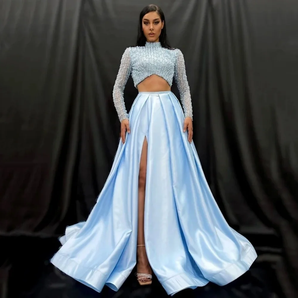 

High Neck Beading Formal Evening Dress Long Sleeve Party Dress 2 Piece A-Line Satin Prom Dress Sexy High Split Robe de soirée