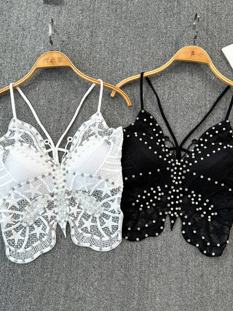 2024 New Pearl Diamonds Lace Sling Tank Tops Fashion Sexy Solid Color Hollow Out Camisole Women Summer Thin Bow Bottom Vests