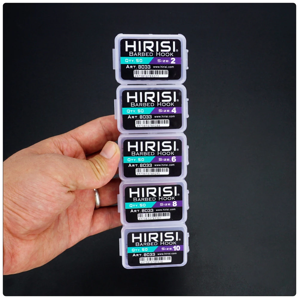 Hirisi 50 Stück PTFE-beschichtete Angelhaken aus Edelstahl mit hohem Kohlenstoffgehalt und Mikro-Widerhaken mit Auge 8033 Angelzubehör, spleißbare Box – Detail 8