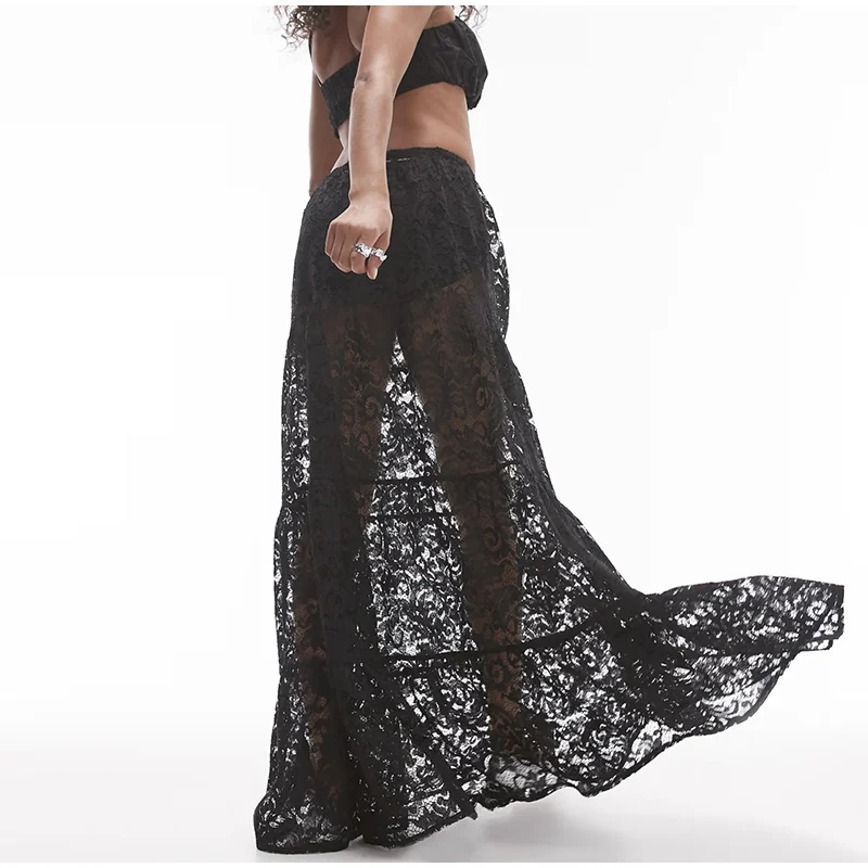 Elegant Floral Lace Hollow Out Skirts Women Sexy Retro Solid Low Waist Long Skirt Female Korean Autumn Summer Loose Versatile