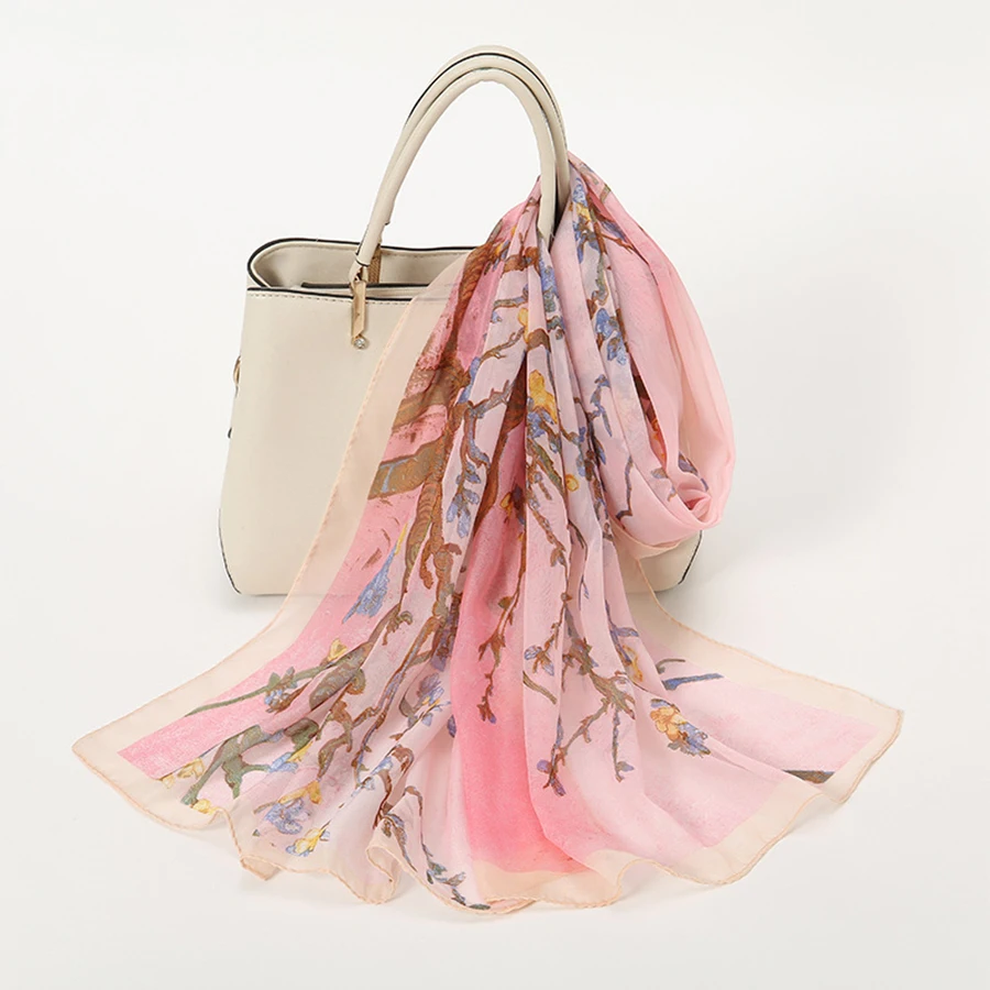 Plum Blossom Pattern Simulation Silk Scarf Women's Chiffon Scarf Long Gauze Scarf Sunscreen Shoulder Bag Headscarf 4