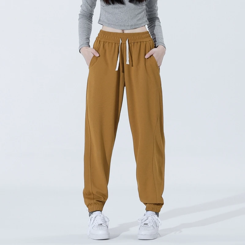 Women's Solid Spring Autumn Pleated Elastic Pockets High Waist Casual Sports Harlan Lantern Bound Feet Fashion DrawstringPants