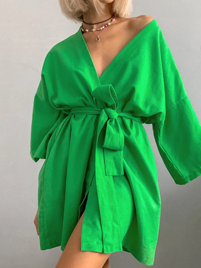 Marthaqiqi Fashion Ladies Robe Sexy V-Neck Bathrobe Long Sleeve Pajamas Lace Up Sleepwear Mini Dress Casual Home Clothes Women