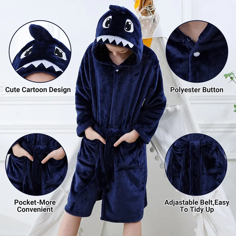 Kids Pajamas Set MICHLEY Cow Dinosaur Flannel Children Bathrobe Hooded for Girls Boy 3Y-13Y