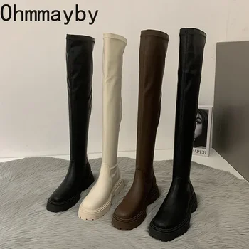 여성용 겨울 롱 부츠, 슬립 온 스퀘어 힐, 무릎 높이 부츠, 우아한 모던 부츠, 숙녀 패션