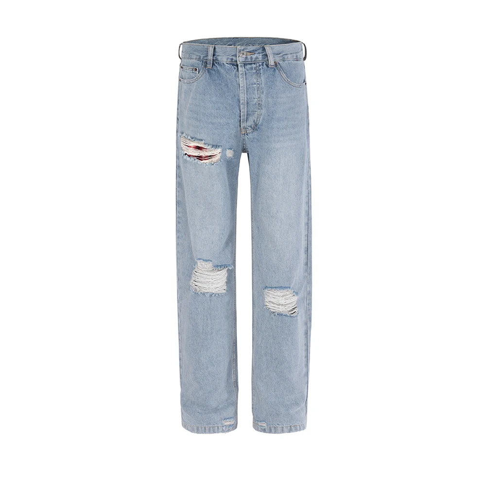 

Ripped Hole Inner Lining Red Checkered Baggy Y2K Jeans Pants for Men and Women Distressed Casual Streetwear Denim Trousers