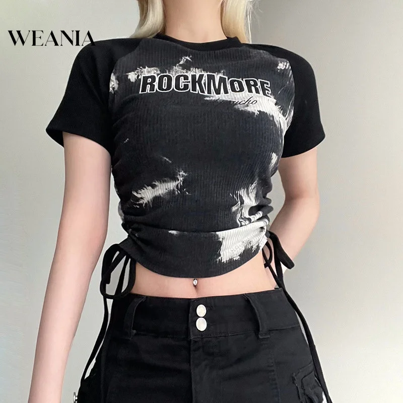 

Women's American Vintage Print Drawstring Short Sleeve Crop Top