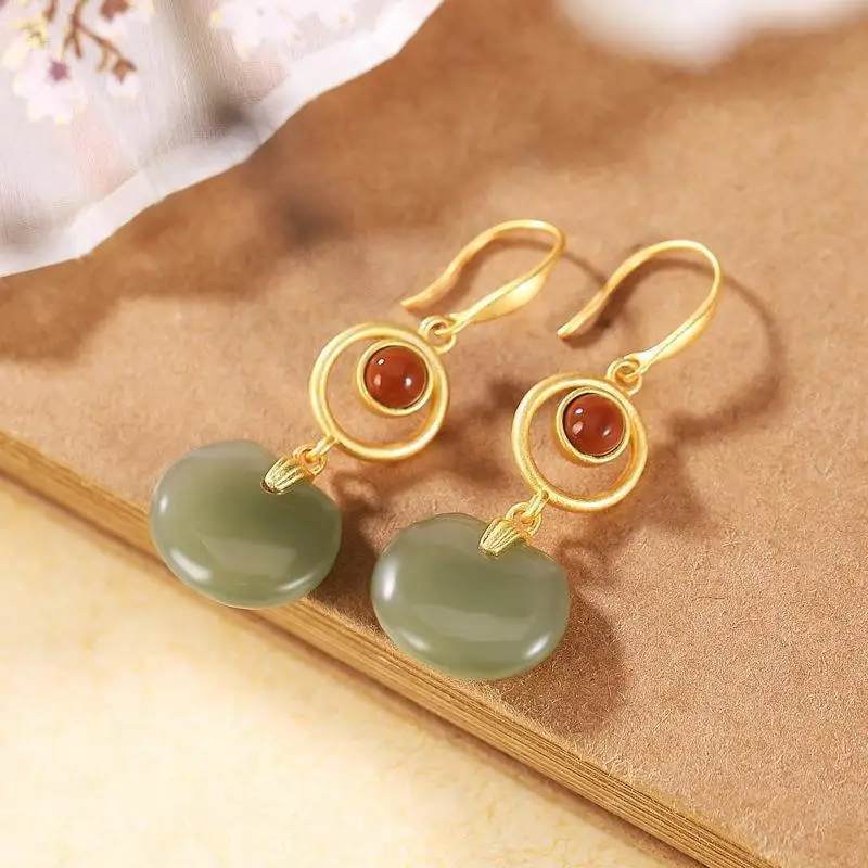 

Classic Natural Hotan Jade green Round Drop earrings for women South Red Tourmaline Long Earings Exquisite Hanfu Jewelry