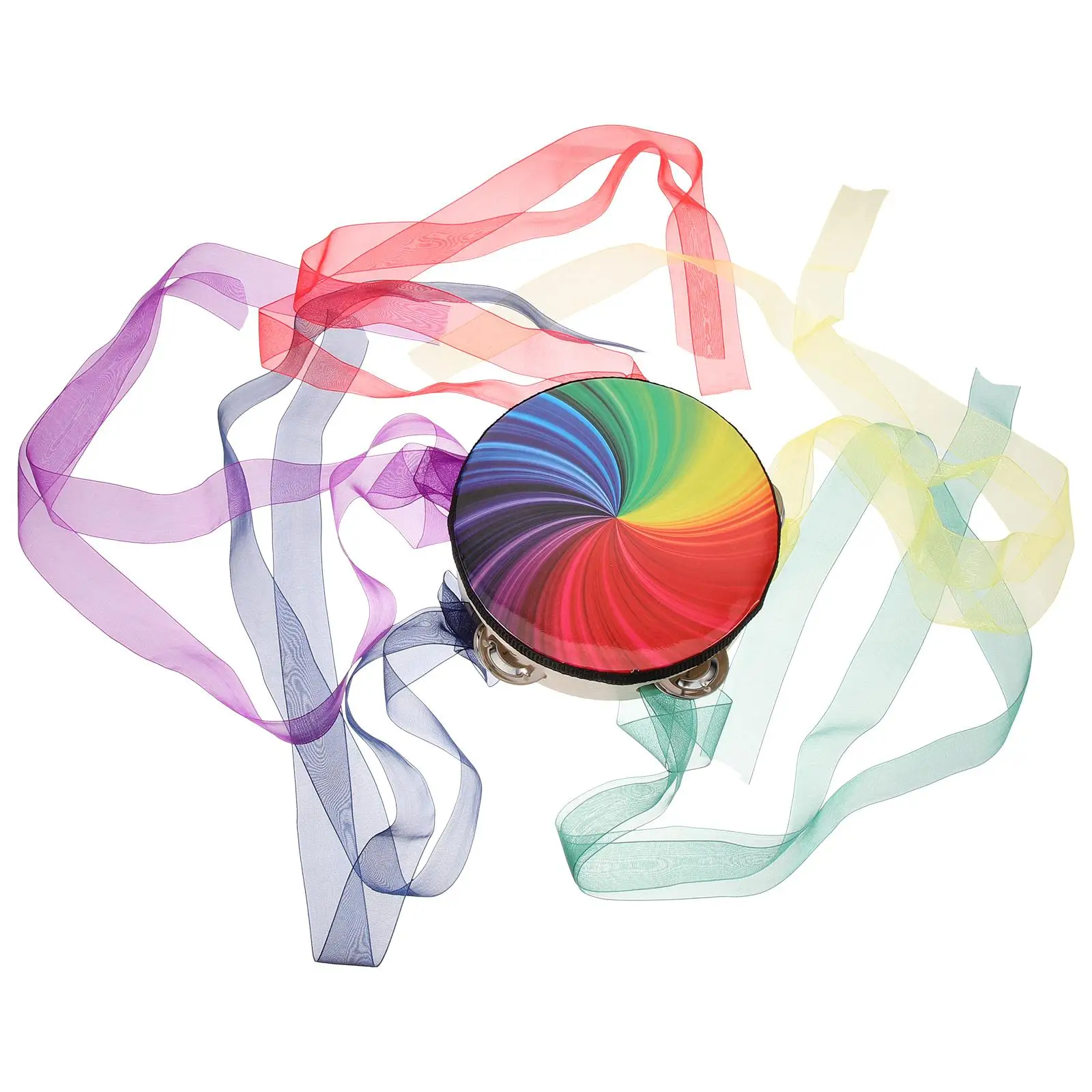 6 Inch Rainbow Ribbon Hand Drum Tambourine Percussion Instrument Classical Dance Stage Performance Portable Kids Adults Musical