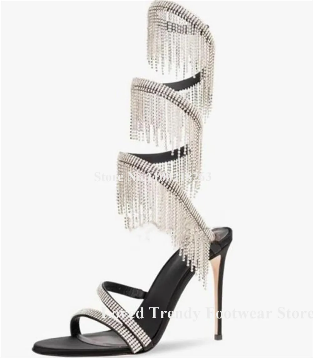Bling Bling Rhinestones Tassels Snake Shaped Straps Thin Heel Gladiator Sandals Crystals Chains Stiletto Heel Sandals