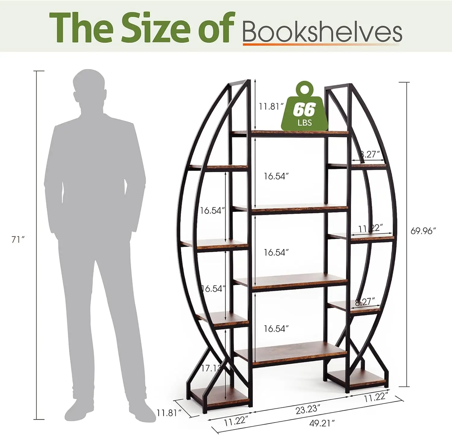 Redlife Large Oval Bookshelf 70'' Tall Open 5 Tier Industrial Bookcase Modern Bookshelves Display Shelves for Office Living Room 6