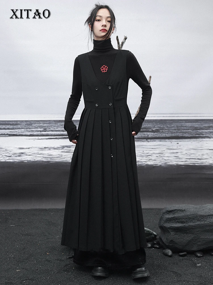 

XITAO Black Cardigan Dress V-neck Loose Sleeveless Simplicity 2023 Autumn Women Versatile Niche Sense of Design Dress LYD1433