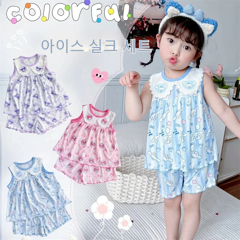 

2024 Cinnamoroll Kuromi My Melody Children's Ice Silk Sleeveless Pajama Set Summer Kids Sleepwear Girl Pijamas Sets Homewear
