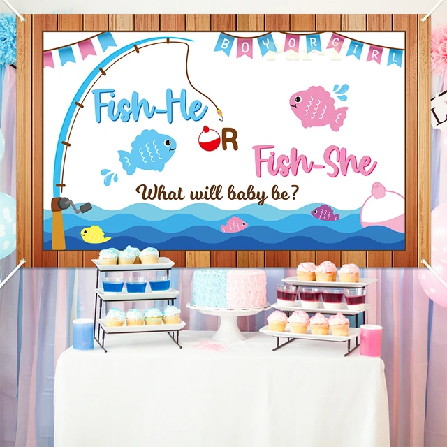 Gone Fishing Gender Reveal Poster Photo Backdrop Blue Boy Pink