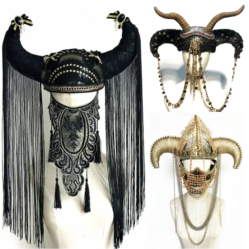 

DJ Catwalk show Punk Horn Armor cap Demon look Anime Shofar Carnival Gifts Halloween cosplay Horns Tassel exaggerated headdress