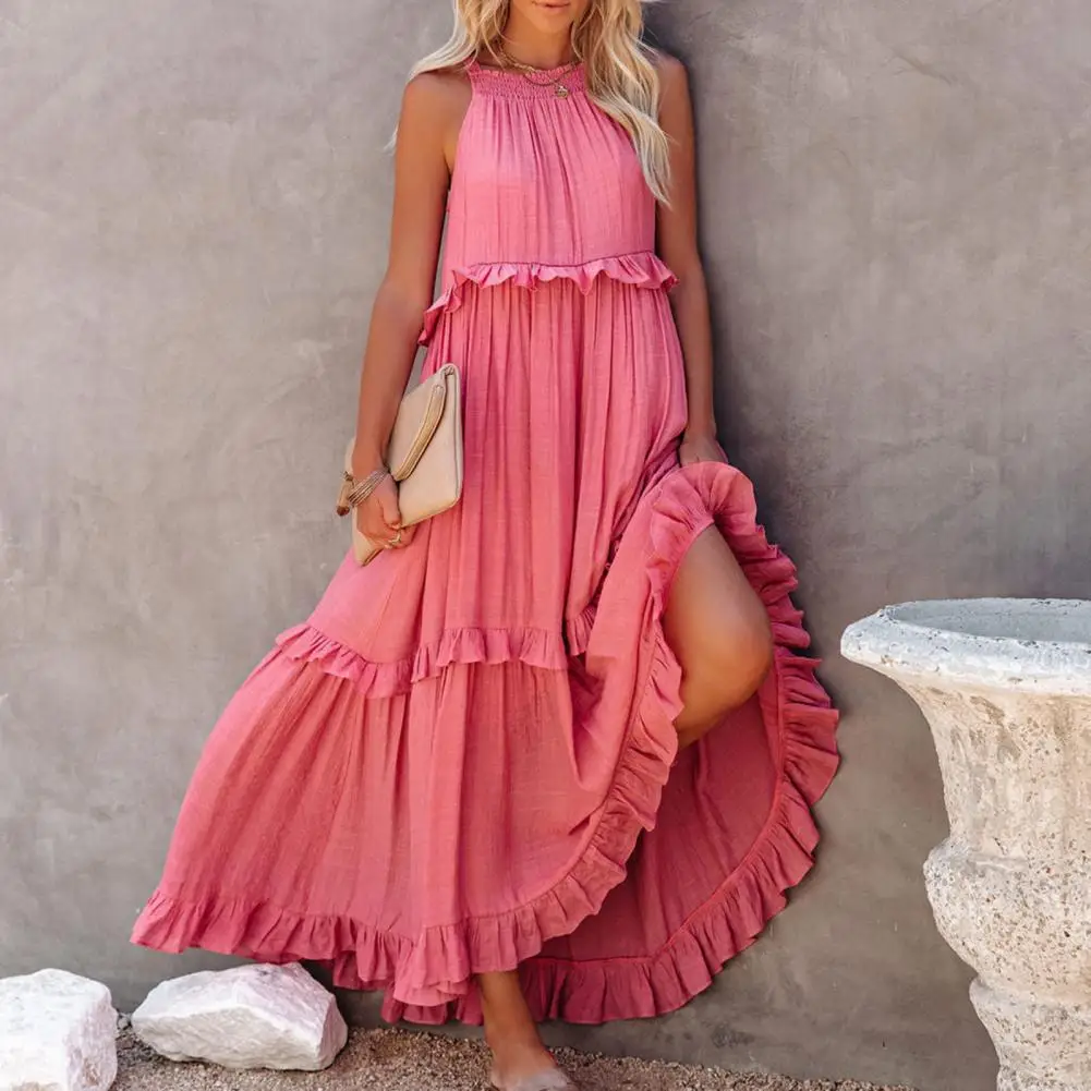 

Maxi Dress Pleated Layered Hem Pocket Design Sleeveless Boho Ladies Hollow Tie-Up Dress Party Ruffle Pullover Beach Dresses